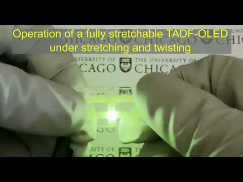 Operation of a fully stretchable TADF-OLED under stretching and twisting