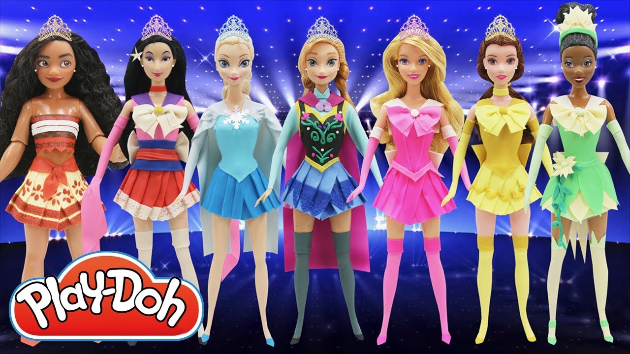 Play Doh Dress Disney Princess Moana Elsa Anna Tiana Belle Mulan Aurora Sailor Moon Style Youtube