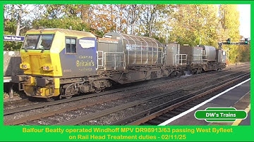 Balfour Beatty operated Windhoff MPV DR98913/63 passing West Byfleet on RHTT duties - 02/11/25