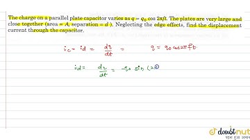 The charge on a parallel plate capacitor varies as `=q_0 cos 2pi ft`. The plates are very large ...