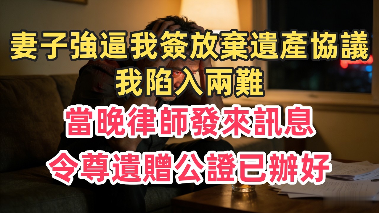妻子強逼我簽放棄遺產協議，我陷入兩難！當晚律師發來訊息：令尊遺贈公證已辦好
