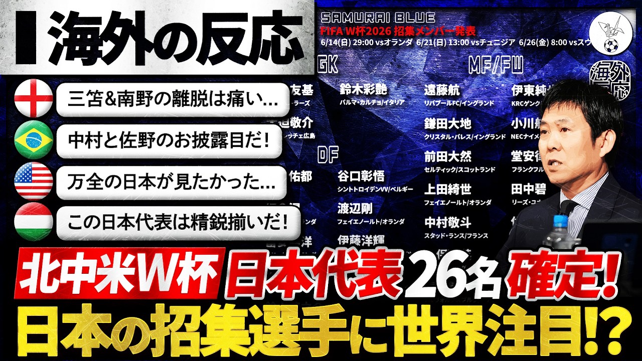 【海外の反応】W杯日本代表26名確定！日本代表メンバー発表に世界が注目！『この選手選考は○○だ...』
