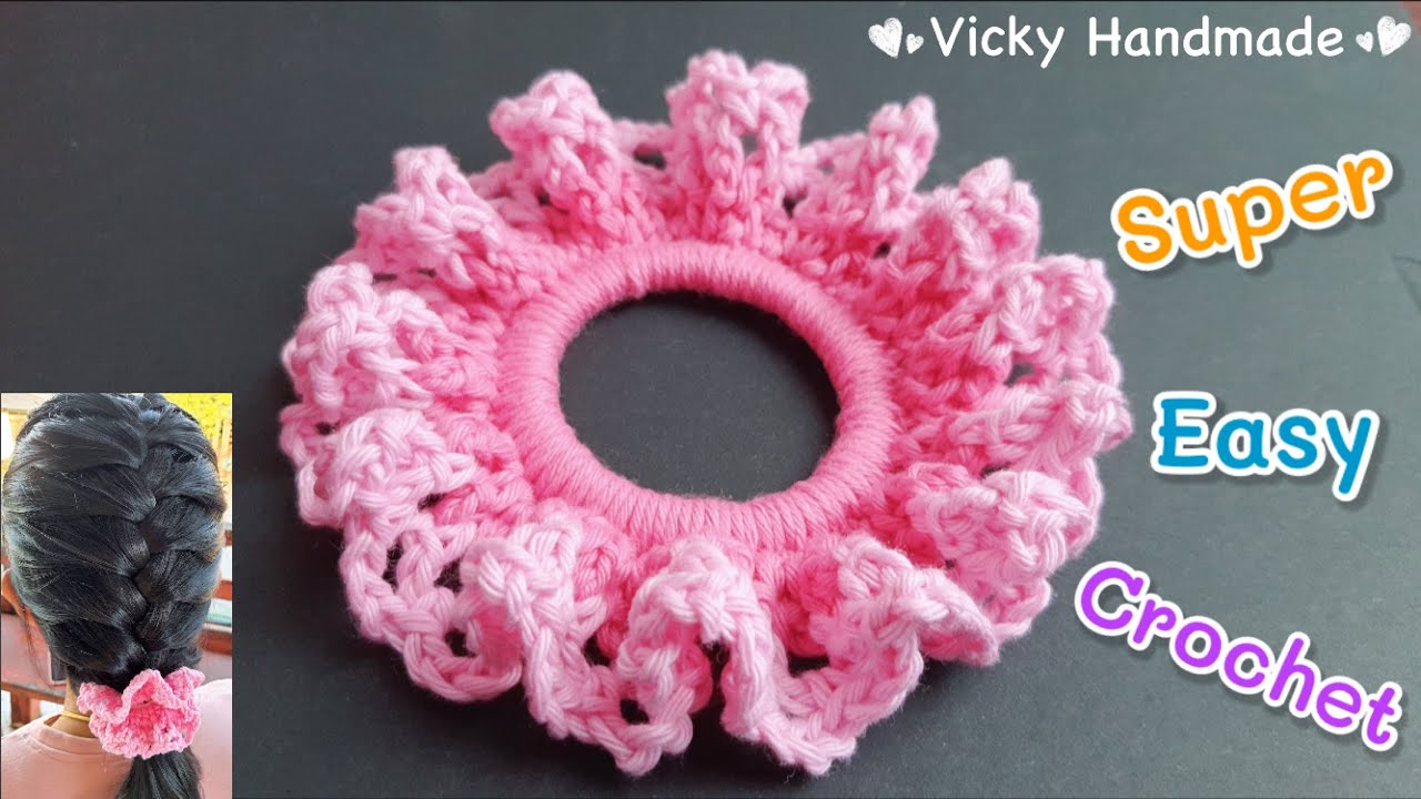 Super Easy Crochet Valentine Hair Scrunchies / Crochet Tutorial/ ถักยางรัดผมโครเชต์ง่ายมากๆ