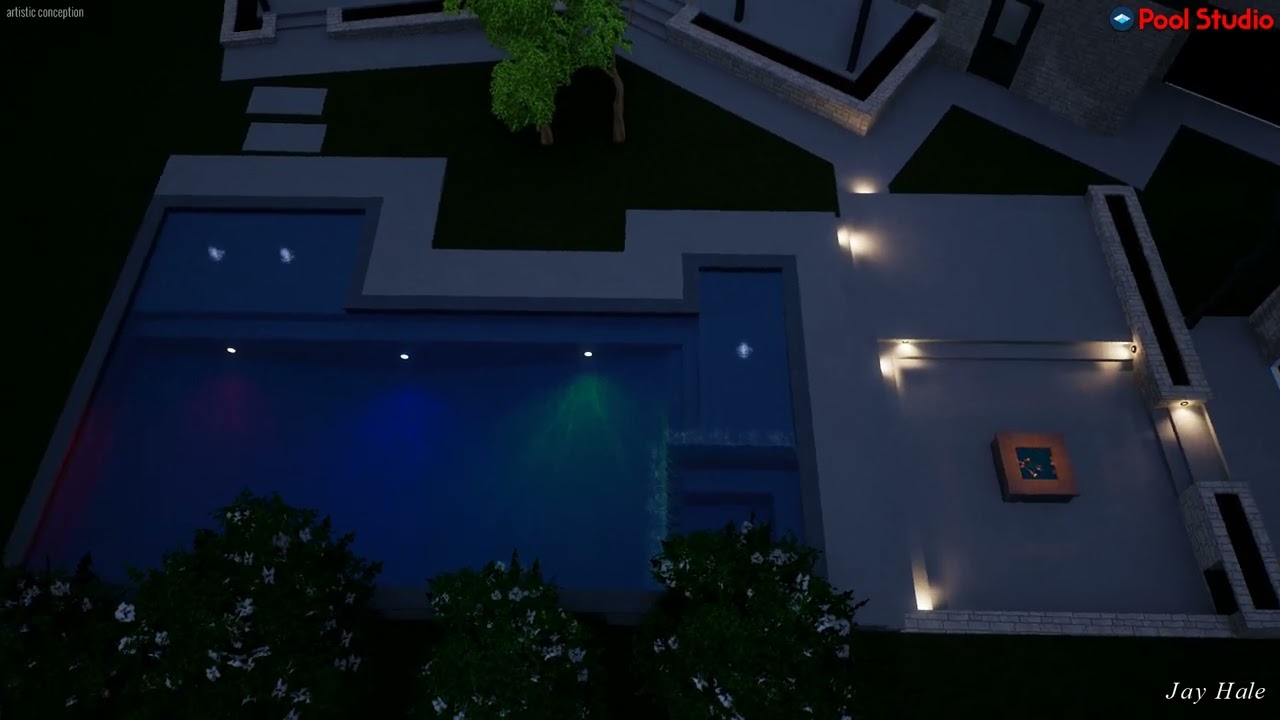Geometric pool with sunken fire pit and step lighting