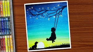 A baby girl on Swing Drawing / Drawing with Oil Pastels / Step by Step