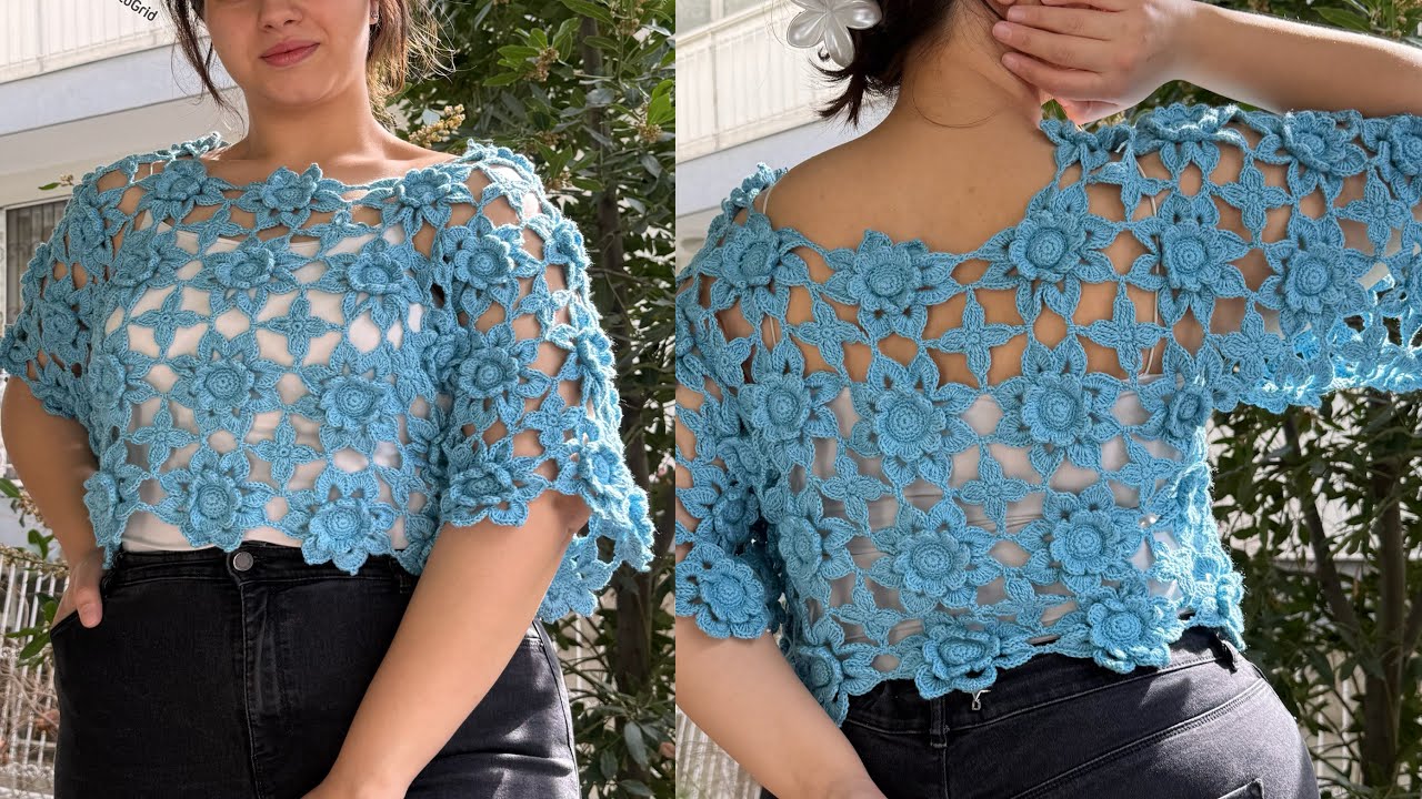 flower❁︎lacepattern mix blouse ～ブラウス Crochet Crop Blouse from 3D Flower Motifs 🌼 Step by Step Tutorial