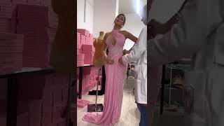 To order this blush pink gown DM This blush pink crystal-embellished gown features a sculpted