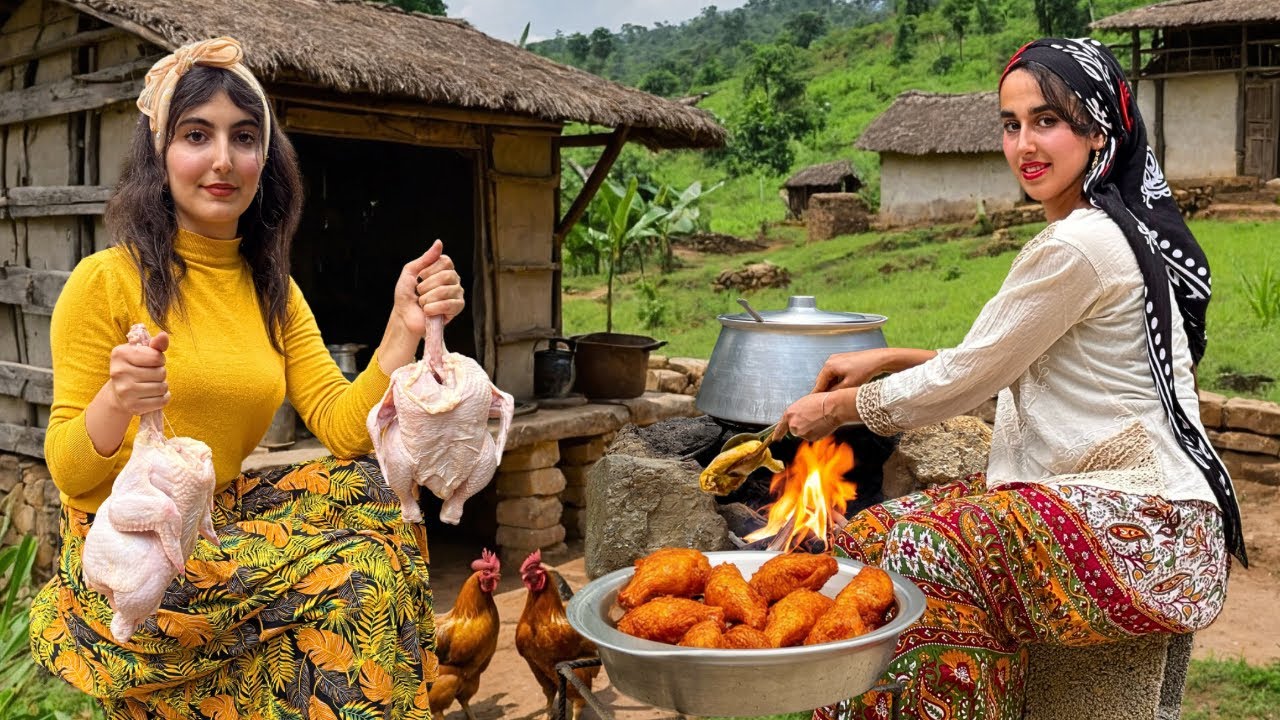 Рис с барбарисом и курицей, приготовленный на дровахИранские деревенские девушки готовят на природе