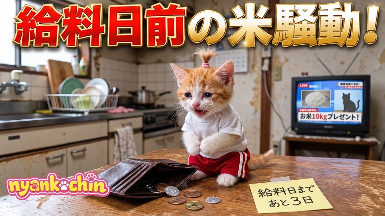 【悲報】給料日前、最後の小銭でお米をもらうために猫が挑む!かわいすぎる米騒動AI猫にゃんこちん
