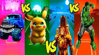 Monster Truck VS Pikachu VS Clockman VS Hulk | Tiles Hop Game | Epic battle in Tiles Hop EDM Rush