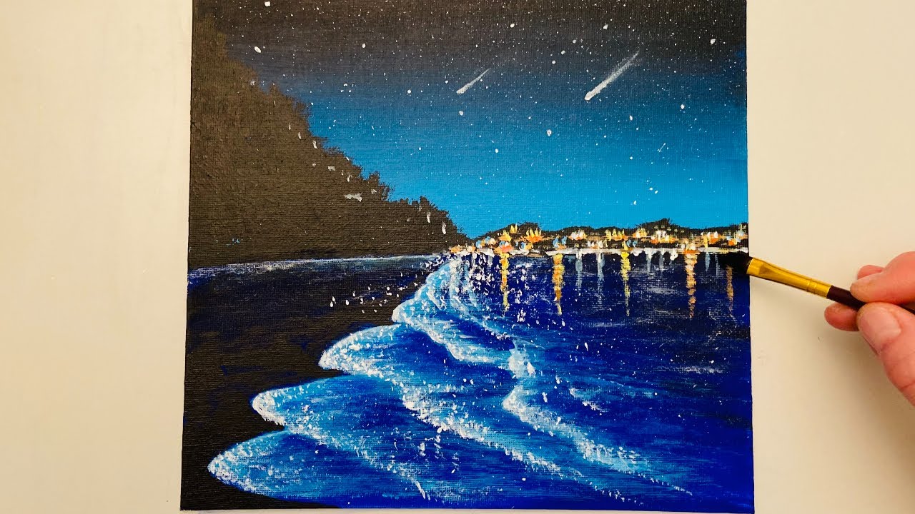 Glittering Night Beach / Acrylic Painting for Beginners / Easy Art