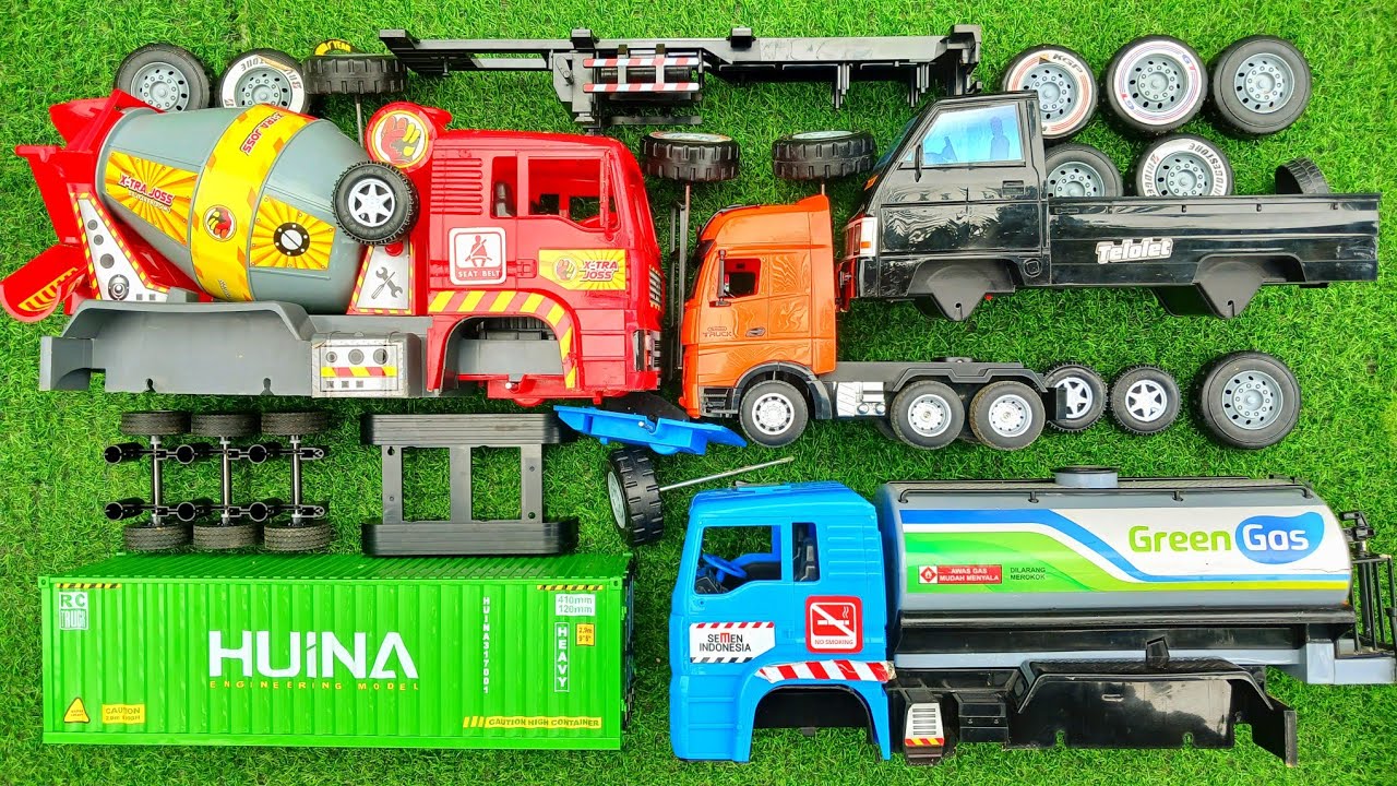 Merakit Mainan Bongkar Pasang, Truk Molen Besar, Truk Kontainer Trailer Panjang, Truk Tanki Besar. 