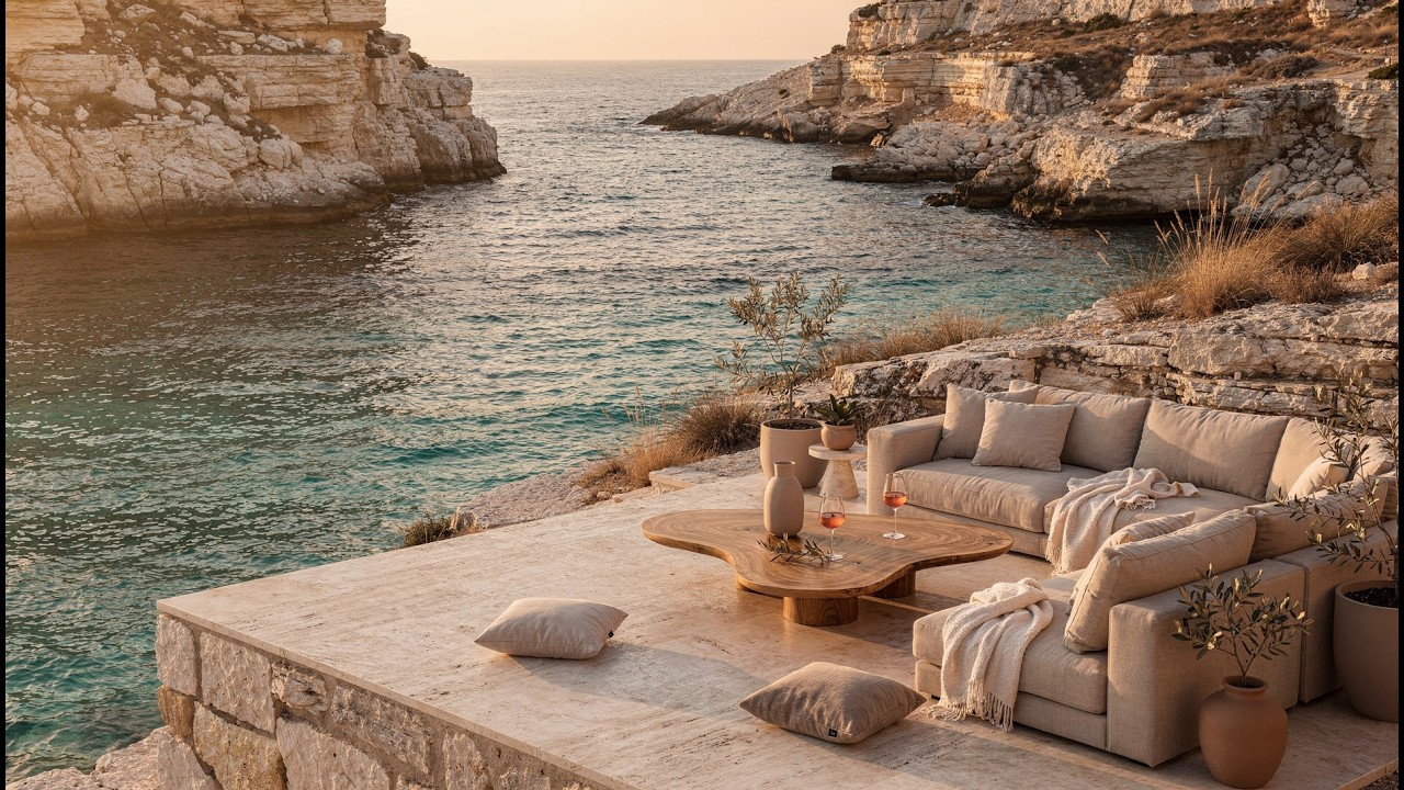 Mediterranean Hidden Cove 🌊 Golden Hour Lounge with Soft Sax | Relaxed Luxury Ambient