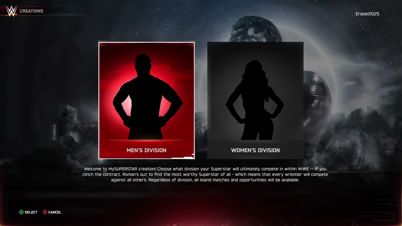 WWE 2K25" : "THE ISLAND" : PAUL HEYMAN AND ROMAN REIGNS" TO : "WELCOME TO MySUPERTAR CREATION!"