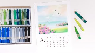 [ENG Sub] Drawing the 2024 May Desk Calendar with Soft Pastels / Spring Lake screenshot 3
