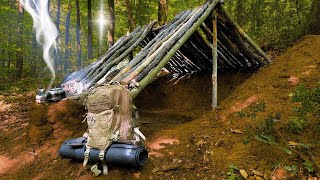 Building Warm and Safe Survival Shelter | Bushcraft Earth Hut, Fireplace with Clay