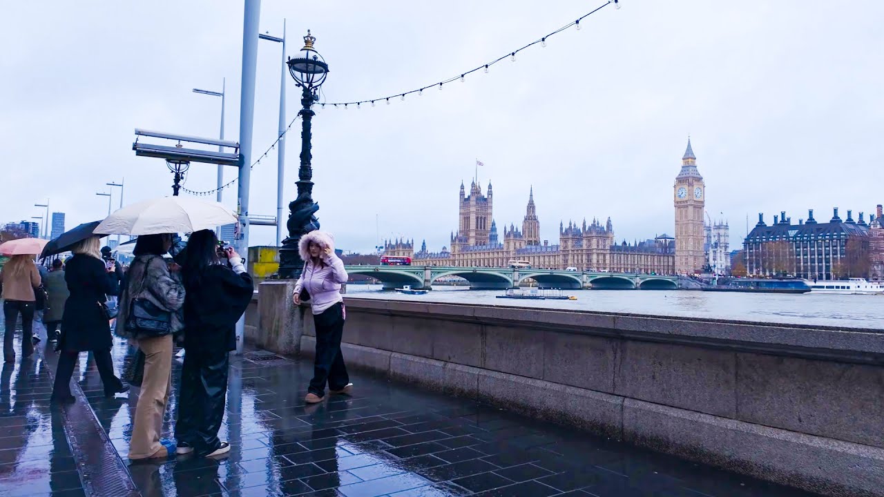 Прогулка вдоль Темзы под лёгким дождём в Лондоне | Расслабляющая городская прогулка 4K HDR