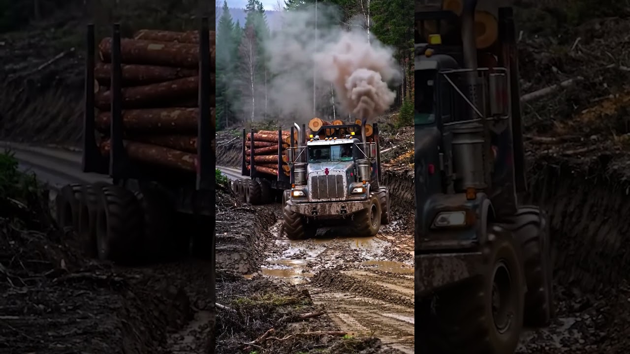 Wood transport truck Timber truck driving Truck carrying logs