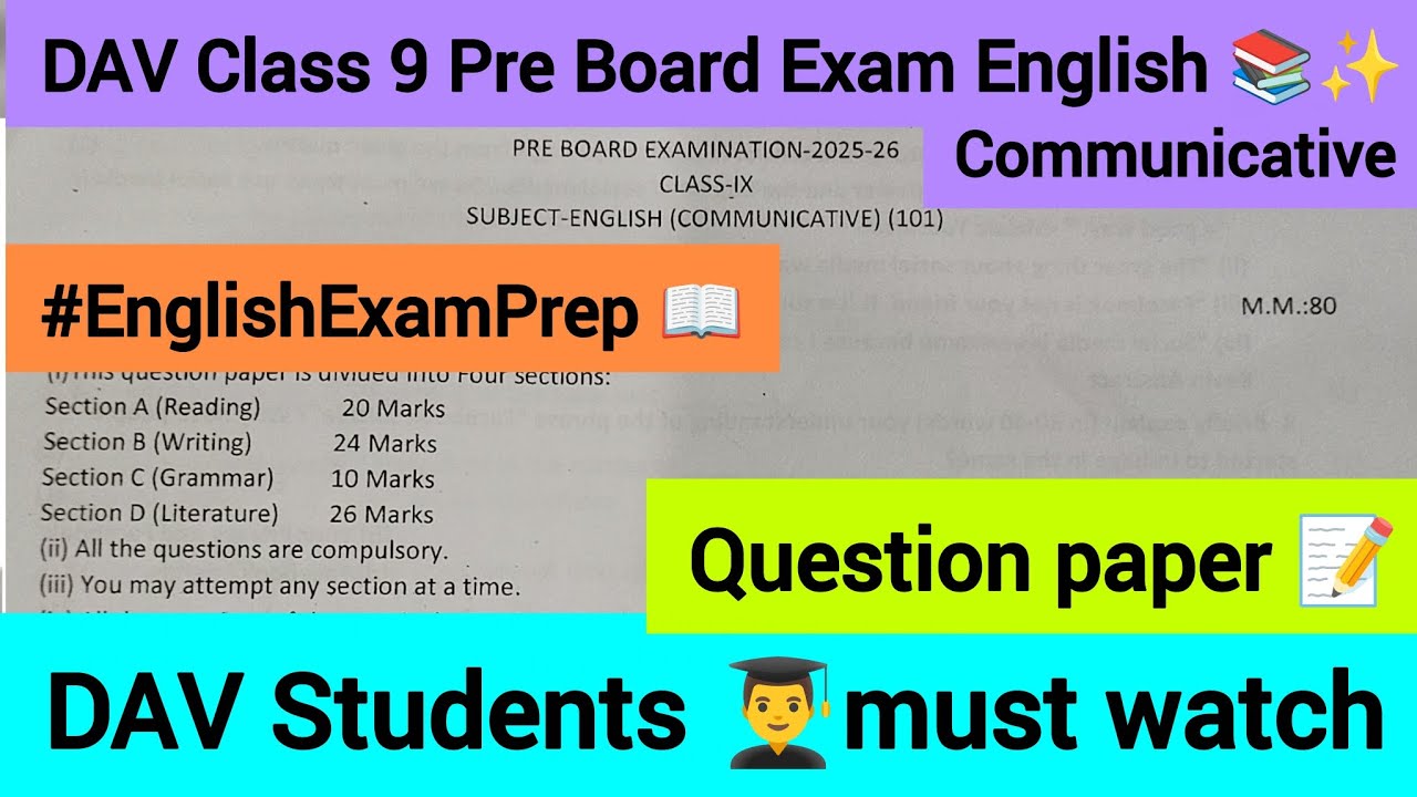 DAV Class 9 Pre Board Exam 2025–26 | English Communicative 📚✨ | Important Questions & Tips