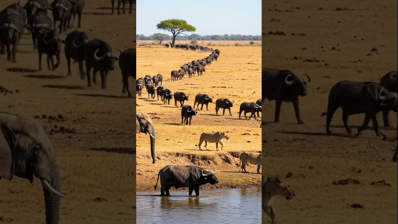 African Buffalo March: A Wildlife Spectacle with Lions at the River! 