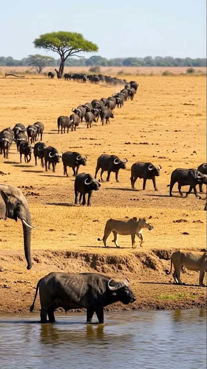 African Buffalo March: A Wildlife Spectacle with Lions at the River! #AfricanWildlife #Safari