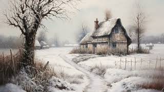 Snowy Winter Cottage Art for TV | 1 hr Single Image TV Art | Muted Winter Landscape Painting