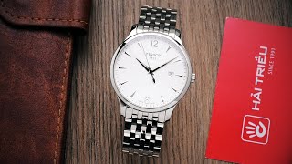 Review đồng hồ Tissot T063.610.11.037.00 mặt số trắng size 42mm nổi bật chi tiết vạch số mạ bạc