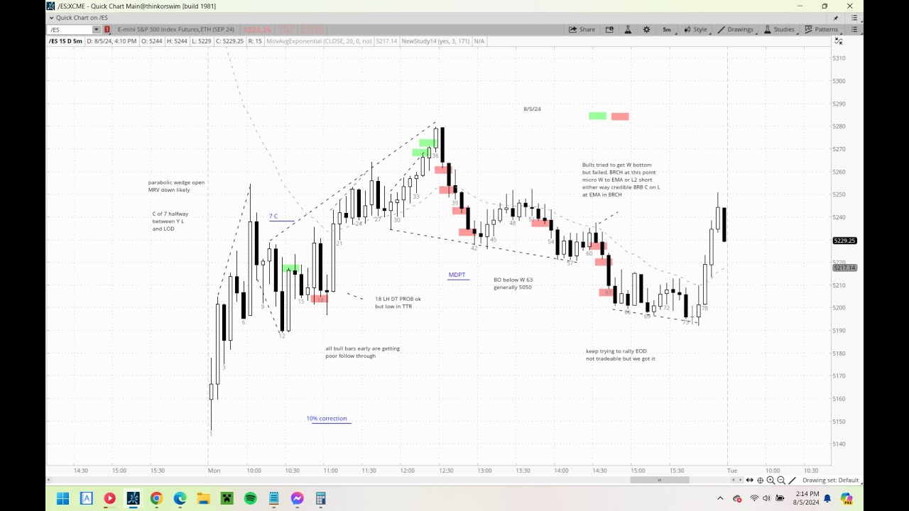 Brooks Method Chart Emini Review August 5th 2024 (Al Brooks Methods)(4% Gap Down Then ...