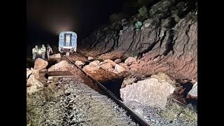 Rock slide strands Verde Canyon Railroad train along scenic route
