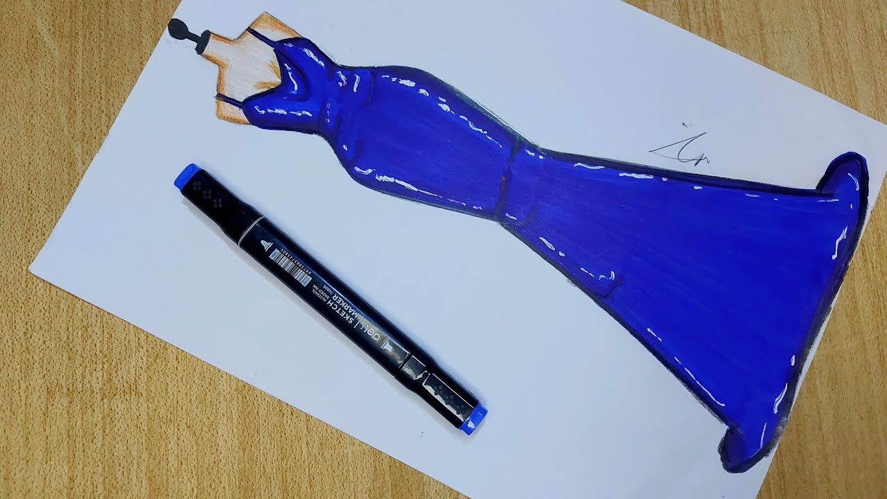 رسم فستان سهرة أزرق سهل جدا جدا🤪| رسم فساتين/ رسم بنات | رسم ملابس | رسم سهل | fashion girl drawing