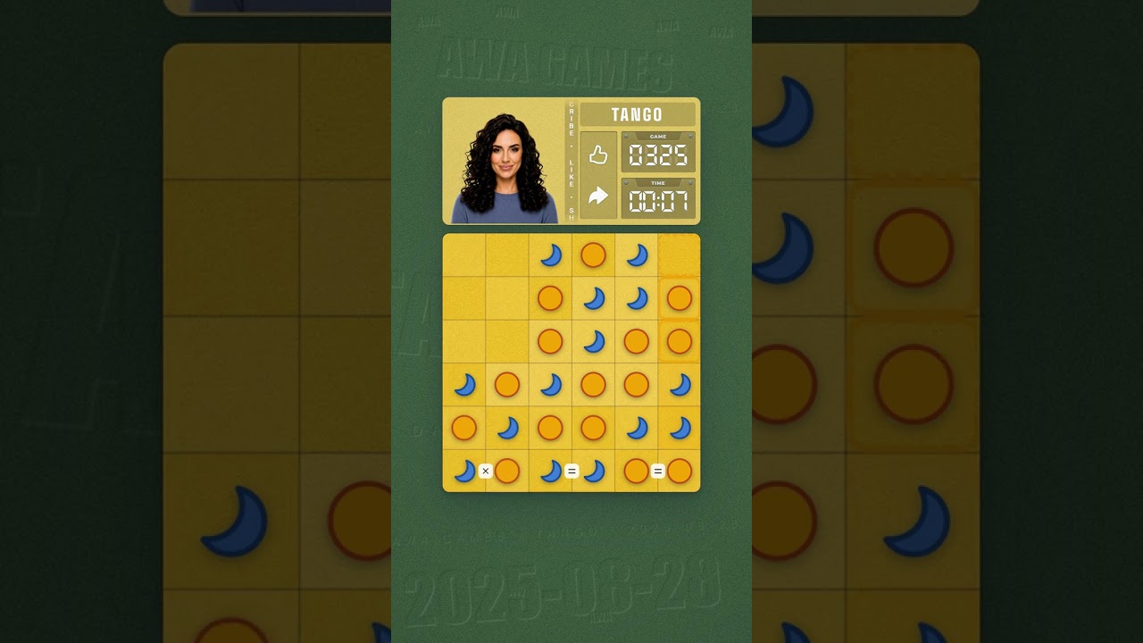 LinkedIn Tango #325 solved board for August 28, 2025, 6x6 grid
