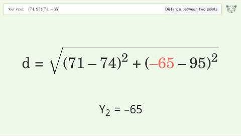 Find the distance between two points p1 (74,95) and p2 (71,-65): Step-by-Step Video Solution