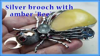 Silver brooch with amber &quot;Bee&quot;.