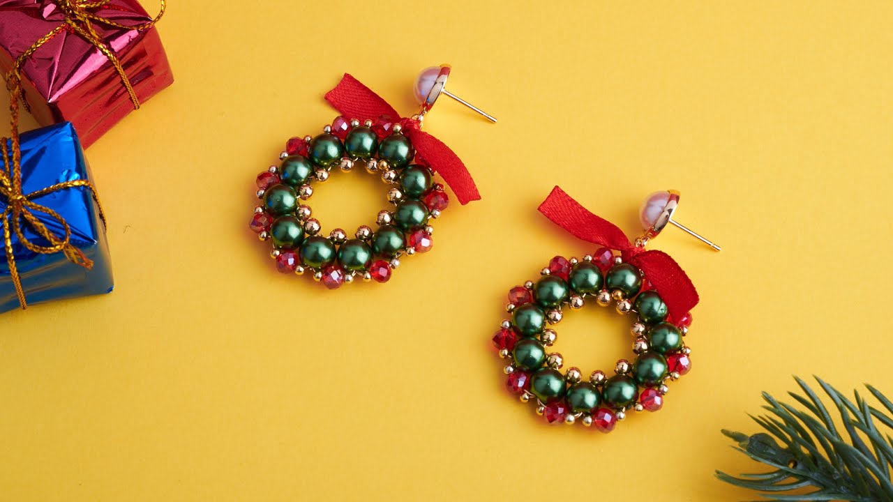 DIY Christmas Beaded Wreath Earrings Tutorial Easy Way for Beginners
