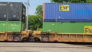 CN 3240, NS 4551 Westbound intermodal container in well car freight train at Vicksburg, MI