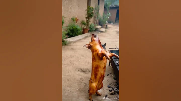 Boo absurd video, ai short video, rural area, roast pig, pig family affection