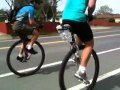 Chuck and Corbin riding Geared 36&quot; Unicycles at Lunch!