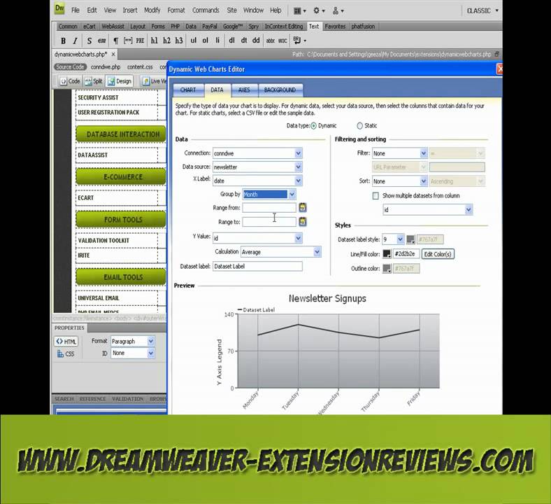 the Dreamweaver extension dynamic web charts YouTube