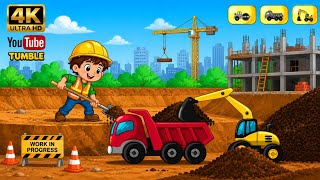 Kids Construction Vehicles 🚜 Excavator &amp; Dump Truck Working | 4K Ultra HD Cartoon for Children