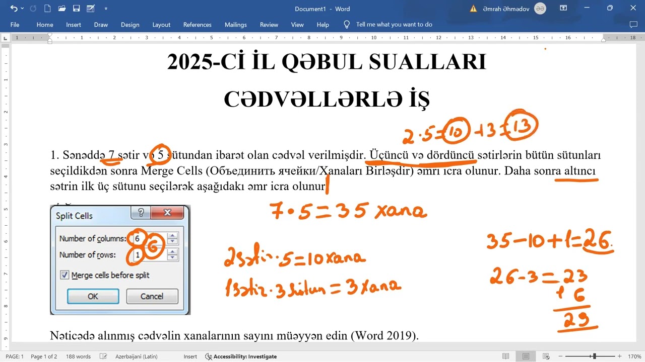 QƏBUL SUALI 2025 (MERGE CELLS,SPLİT CELLS)