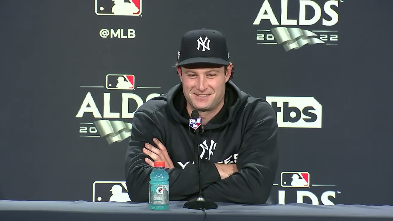 Gerrit Cole reacts to his first playoffs start at Yankee Stadium vs the Guardians