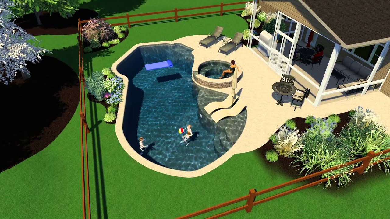 Mountain Lake style salt water pool with raised spa, Designed by ...