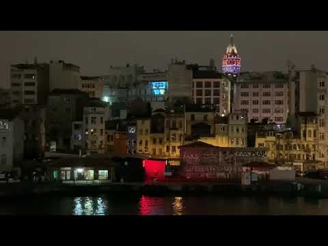 Galata kulesi, gece, deniz, galata köprüsü ve dallamanın teki.