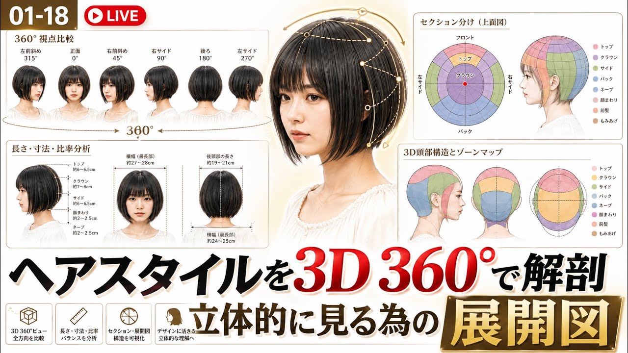 ヘアスタイルを3D 360°で解剖｜立体的に見る為の展開図 - YouTube