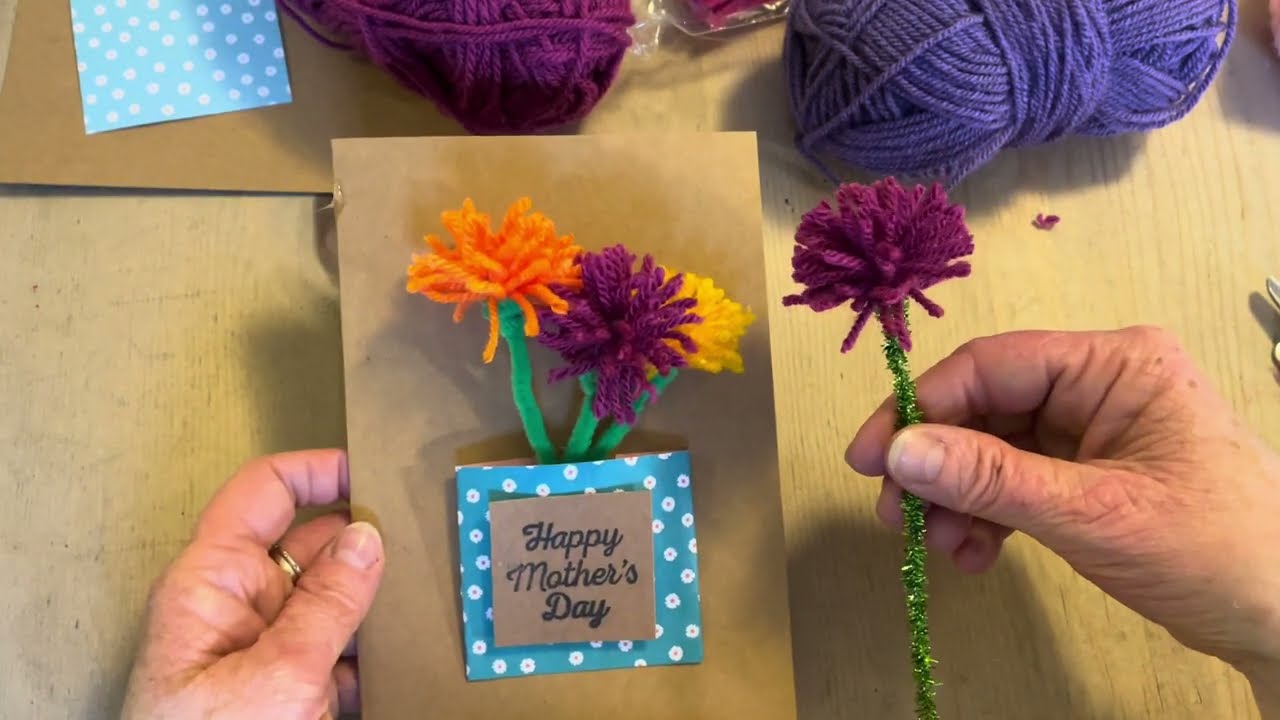 How to make pom pom flowers with pipe cleaners - easy craft tutorial for an Easter card