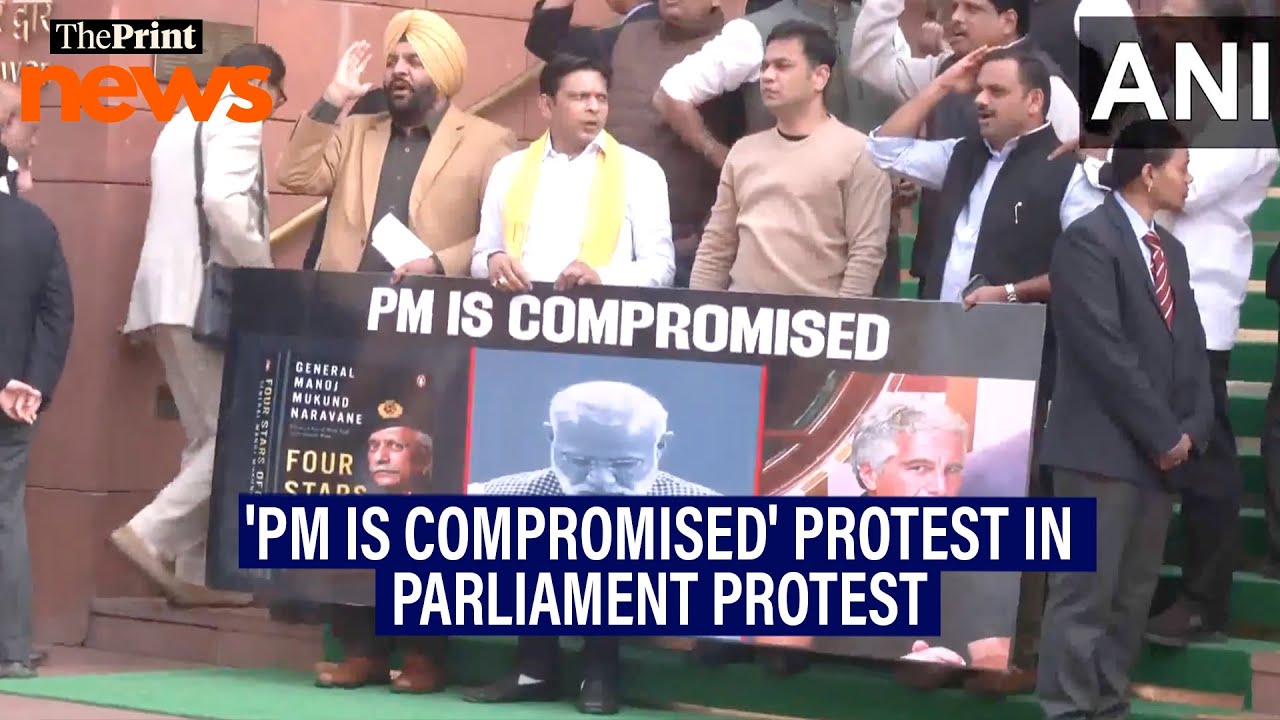 Congress MPs hold 'PM is compromised' protest at the stairs of Parliament
