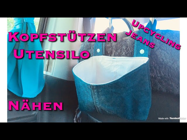 Upcycling Idee aus Jeans ein Kopfstützen Utensilo Tasche nähen Stauraum im  VW Bus Hängetasche T5 T4 