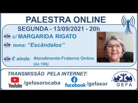 Assista: Palestra online - c/ MARGARIDA RIGATO (13/09/2021)