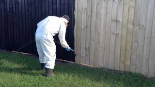Illustrates application of a black stain on a bare timber fence at an empty section.