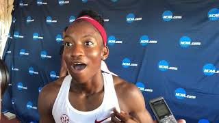 Janeek Brown of Arkansas talks after winning 2019 NCAA 100h title in new Jamaican NR of 12.40